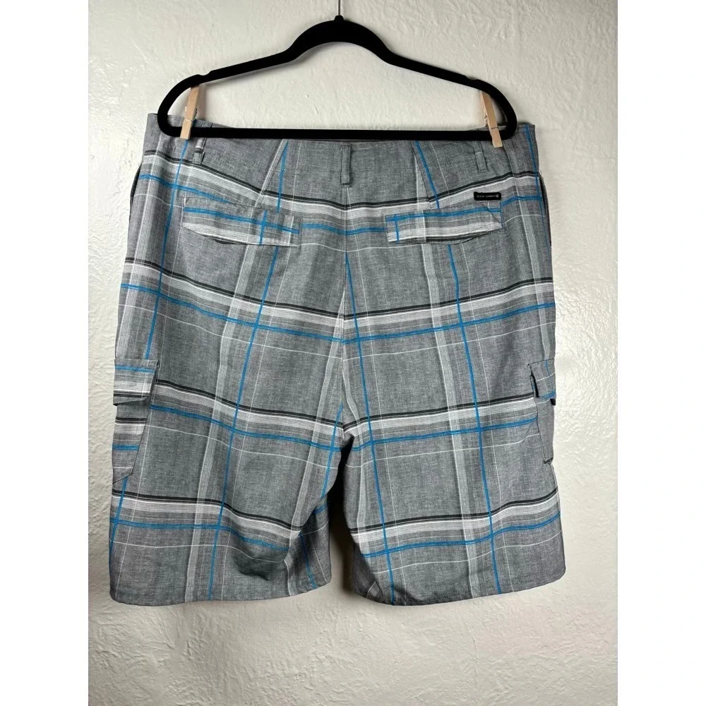 Ocean Current Mens Grey Blue Plaid Cargo Board Shorts Hybrid Swim Trunks Size 40